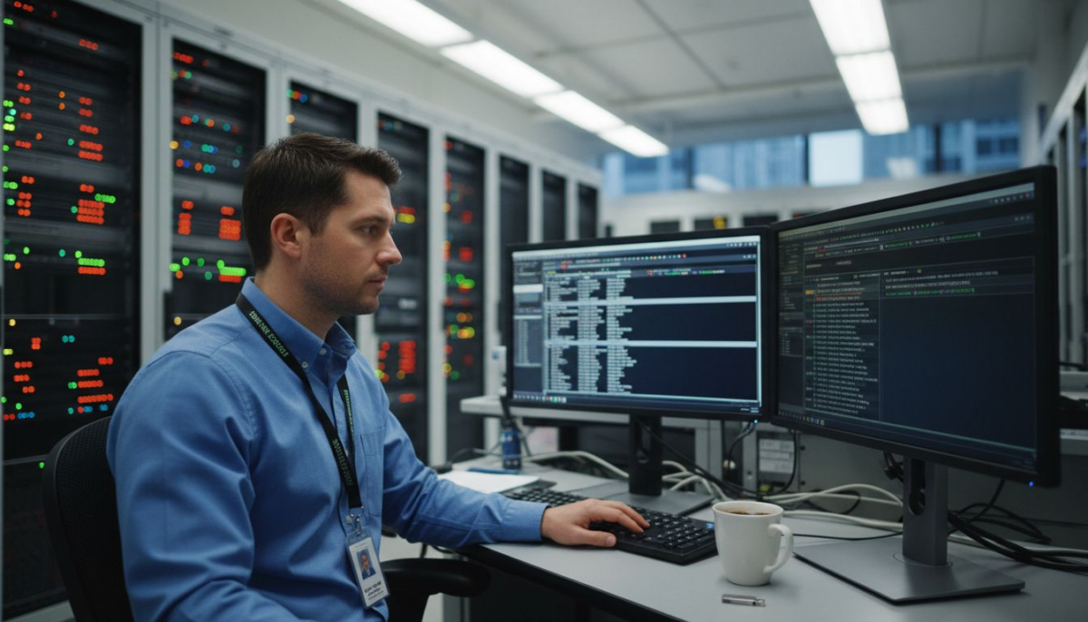 A person in a blue shirt works at a desk with two computer monitors displaying code, surrounded by servers with lit indicator lights in a data center. A coffee mug sits beside the keyboard.