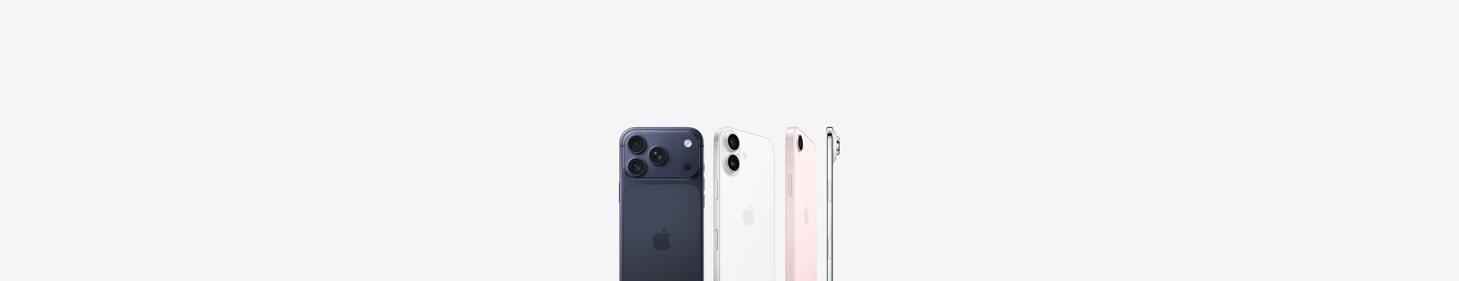 iPhone 17 Pro, back exterior, deep blue colour, Pro Fusion camera system in top left corner, Apple logo in centre, iPhone 17, back exterior, white colour, Dual Fusion camera system in top left corner, Apple logo in centre, iPhone 17e, back exterior, soft pink colour, Fusion camera system in top left corner, Apple logo in centre, iPhone Air, side, titanium frame profile and Fusion camera system in top left corner