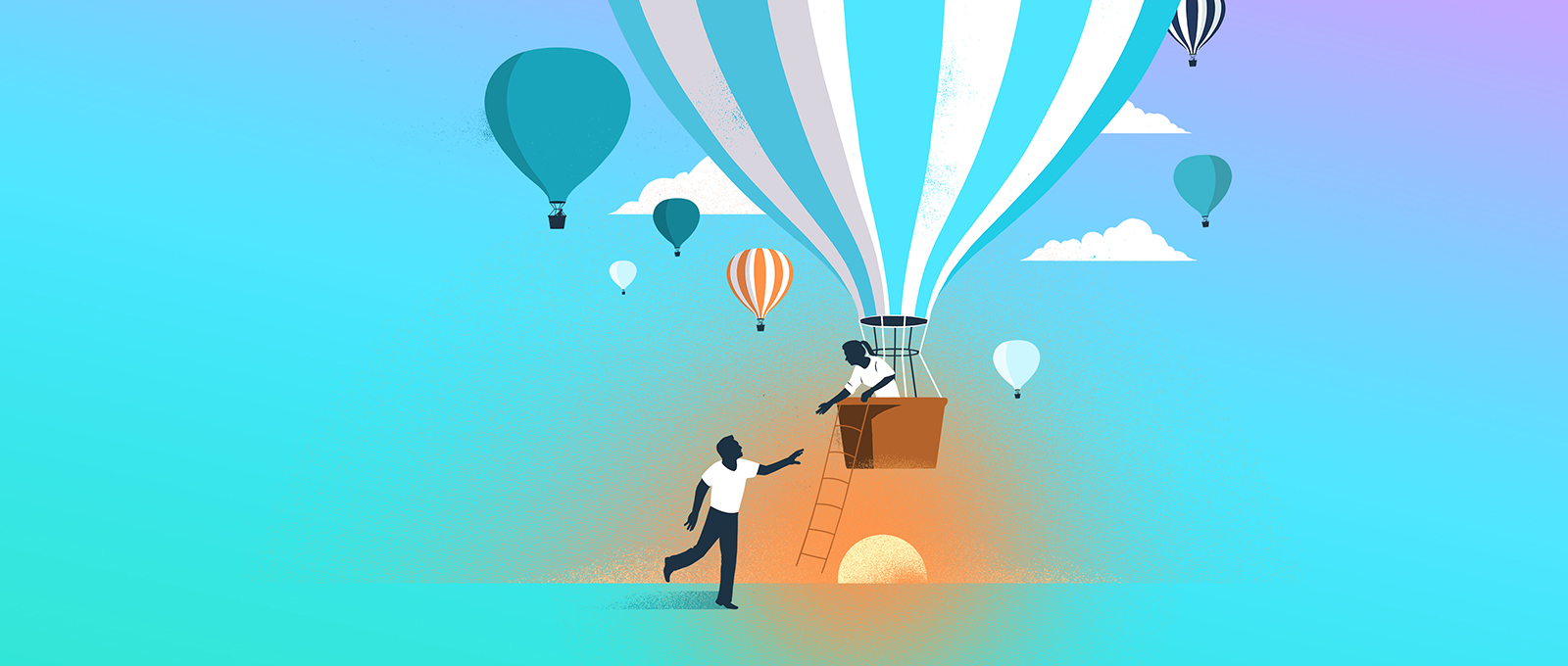 Illustration of hot air balloons ascending into the sky. A person running toward a balloon that is taking off receives a helping hand from another person who is already in the basket of the balloon.