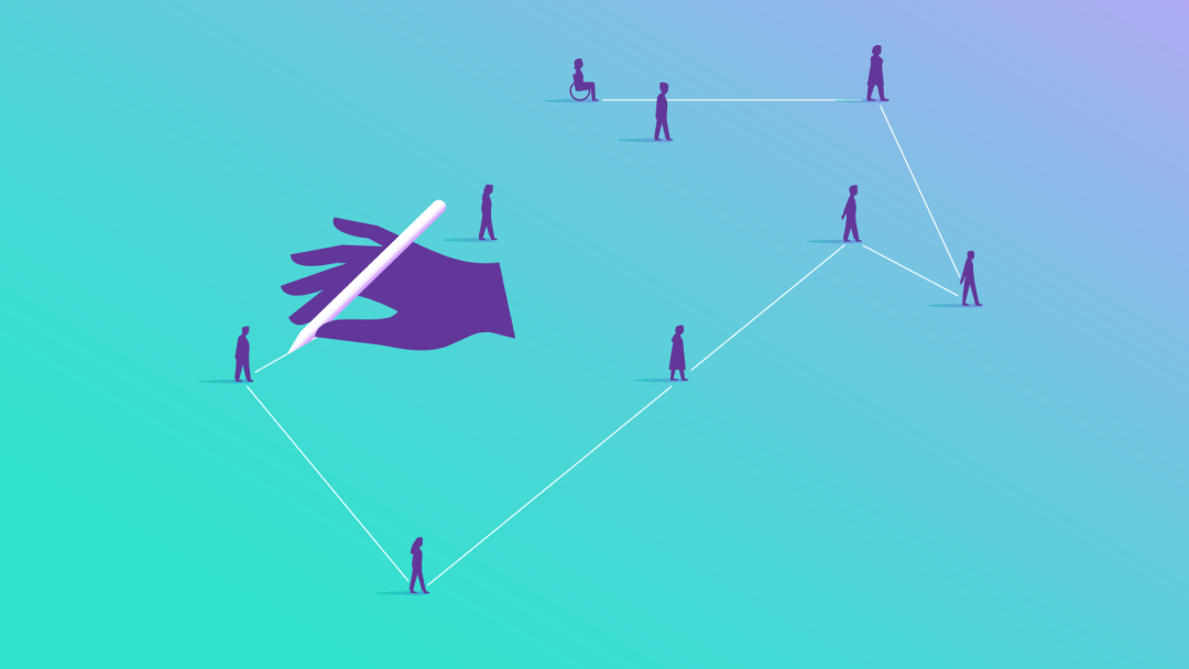 A giant hand draws lines that connect a series of tiny people. The lines form an arrow pointing the way forward.