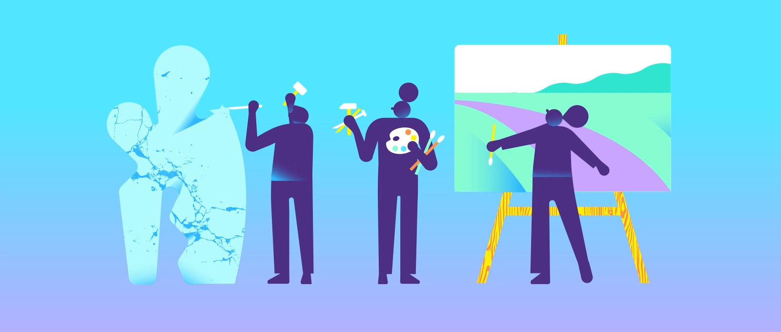 Animated paper cutout in which an 'at-home' worker comes together with a group of colleagues.