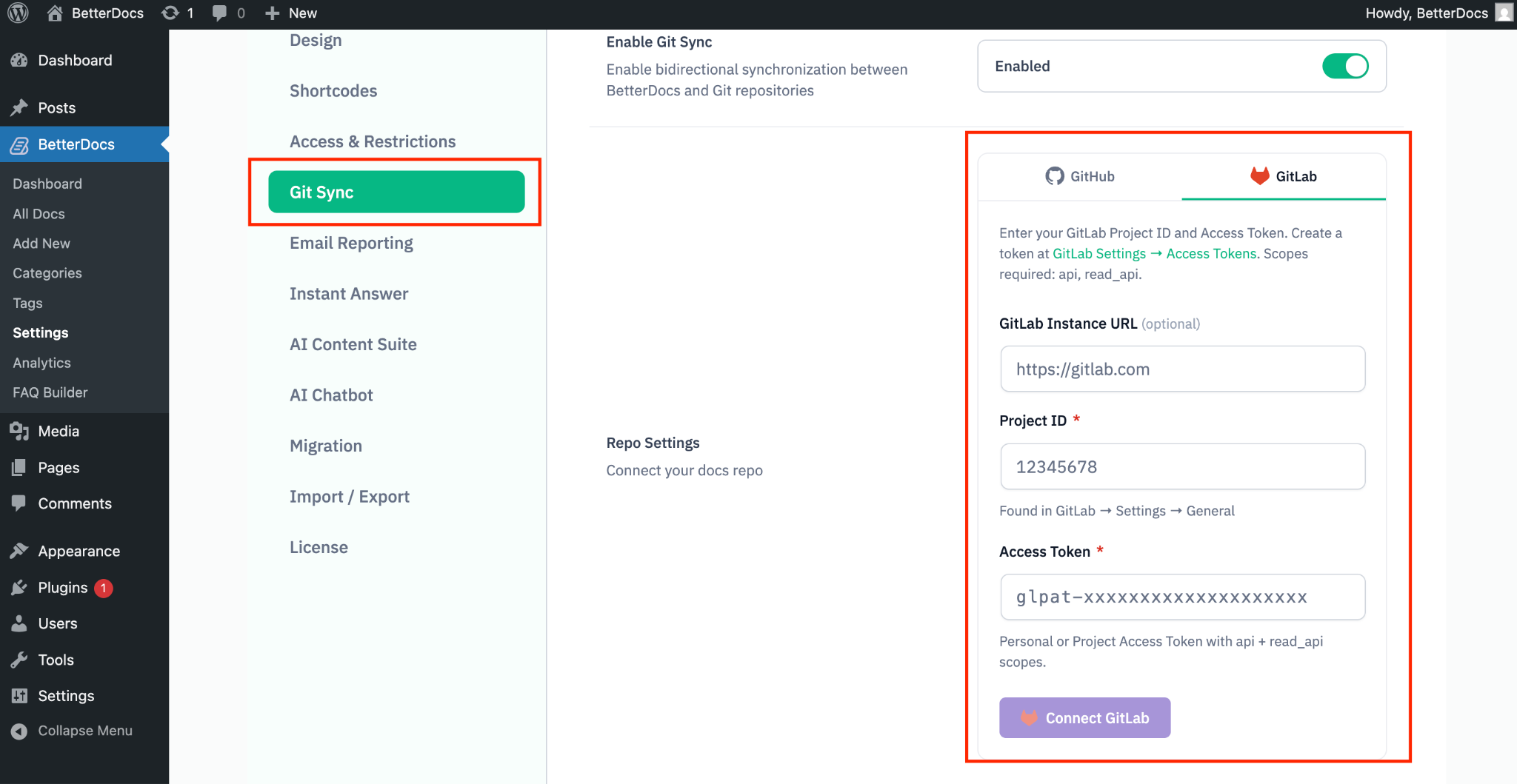 How to Connect the GitLab Repository to BetterDocs 2 Add ID and token from GitLab