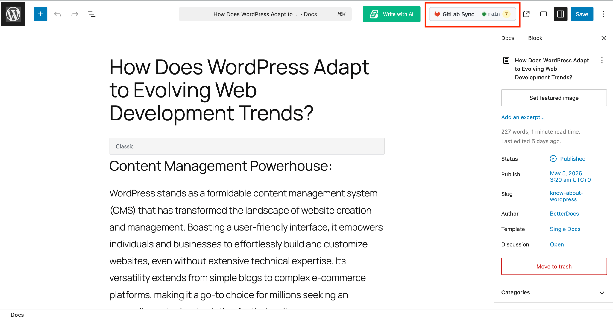 How to Connect the GitLab Repository to BetterDocs 4 Sync button for GitLab