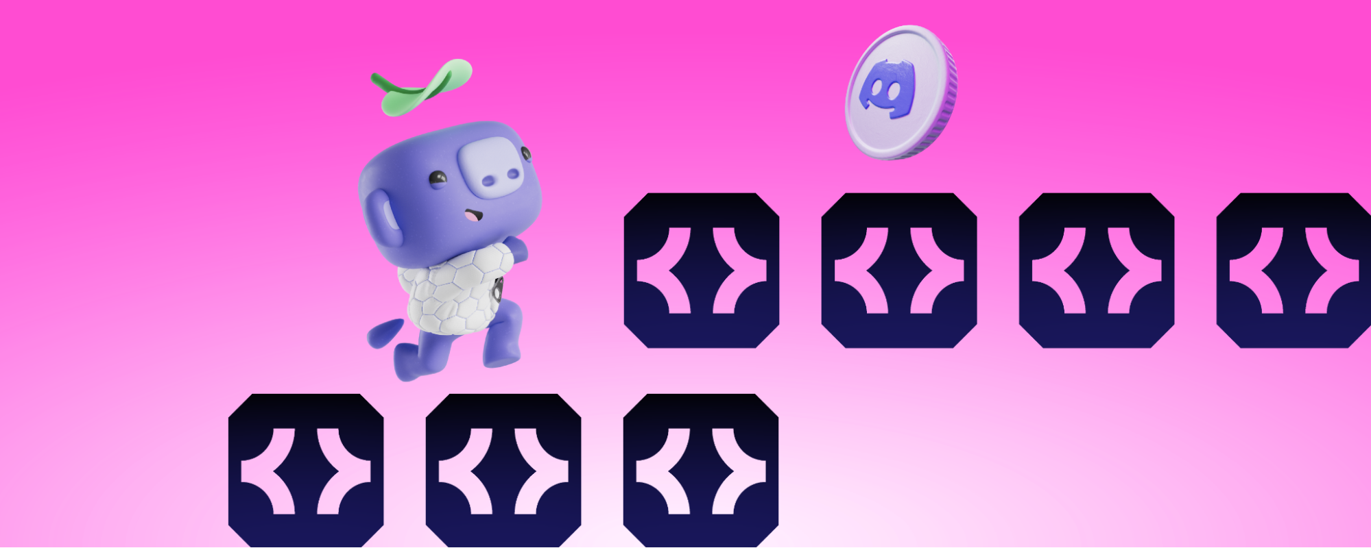 Wumpus running up a Developer-themed staircase in pursuit of a coin.