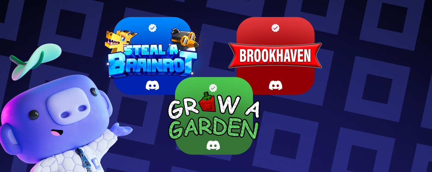 Wumpus gesturing towards three icons showing Steal a Brainrot, Brookhaven, and Grow a Garden.