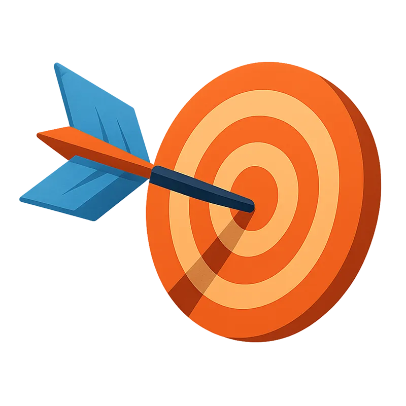 Blue and orange dart hitting the center of an orange target with concentric circles.