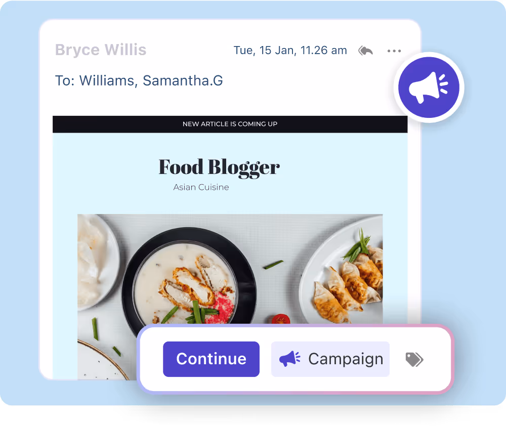 Email from Bryce Willis to Samantha G. Williams with a Food Blogger article preview showing Asian cuisine dishes and buttons labeled Continue and Campaign.