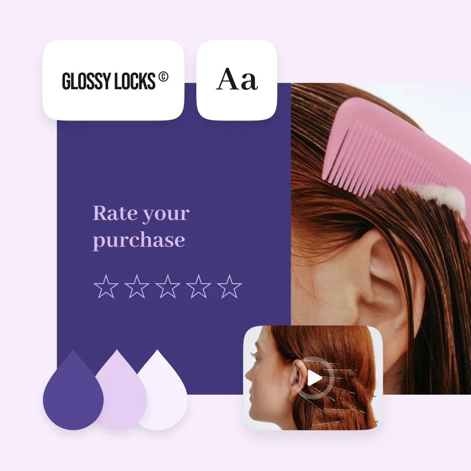 Glossy Locks brand collage with logo, typography, star rating, hair combing photo, and color palette