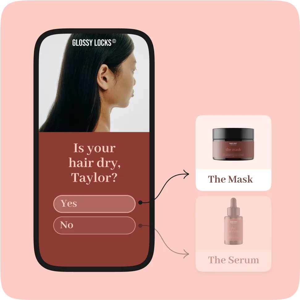Glossy Locks hair quiz on mobile showing product recommendations for The Mask and The Serum