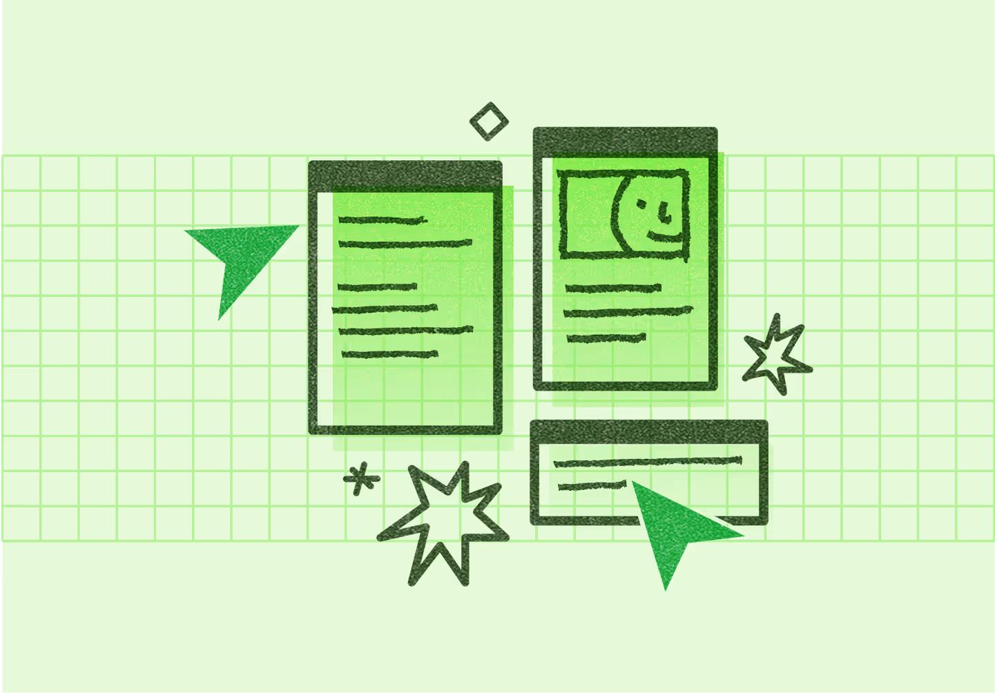 Illustration of digital-cursor arrows interacting with abstract green documents and icons on a light green grid background.