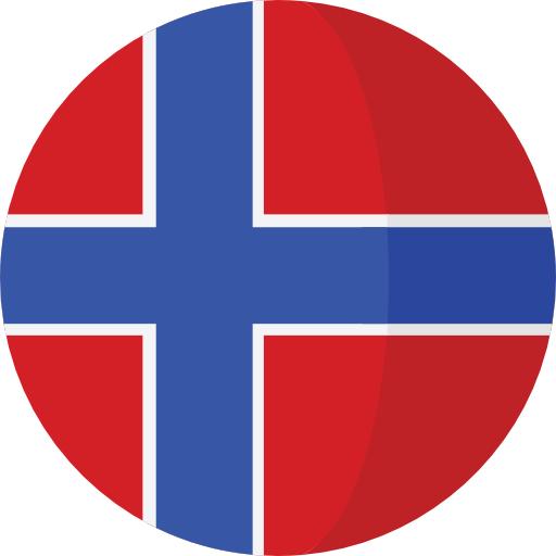 Round icon of the Norwegian flag with a blue cross outlined in white on a red background.