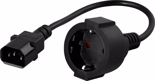 DELTACO jordet apparat/forlengningskabel for tilkobling mellom nettdel/kabel. Rett IEC 60320 C14 til rett CEE 7/4, maks 250V/10A, 0,2m, svart