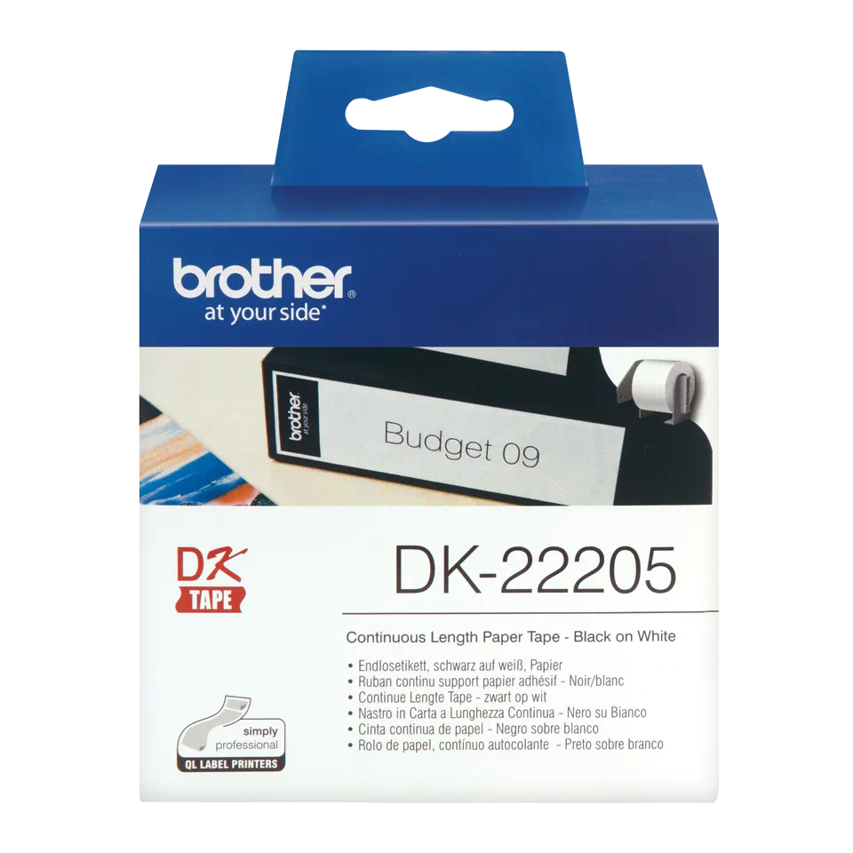 Brother original DK22205 taperull i papir i løpende lengde - sort på hvit, 62 mm bred