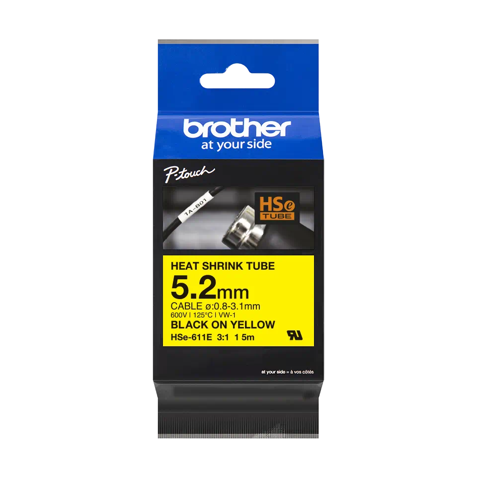 Brother original HSe611E krympestrømpe for kabler og ledninger – sort på gul, 5,2 mm bred