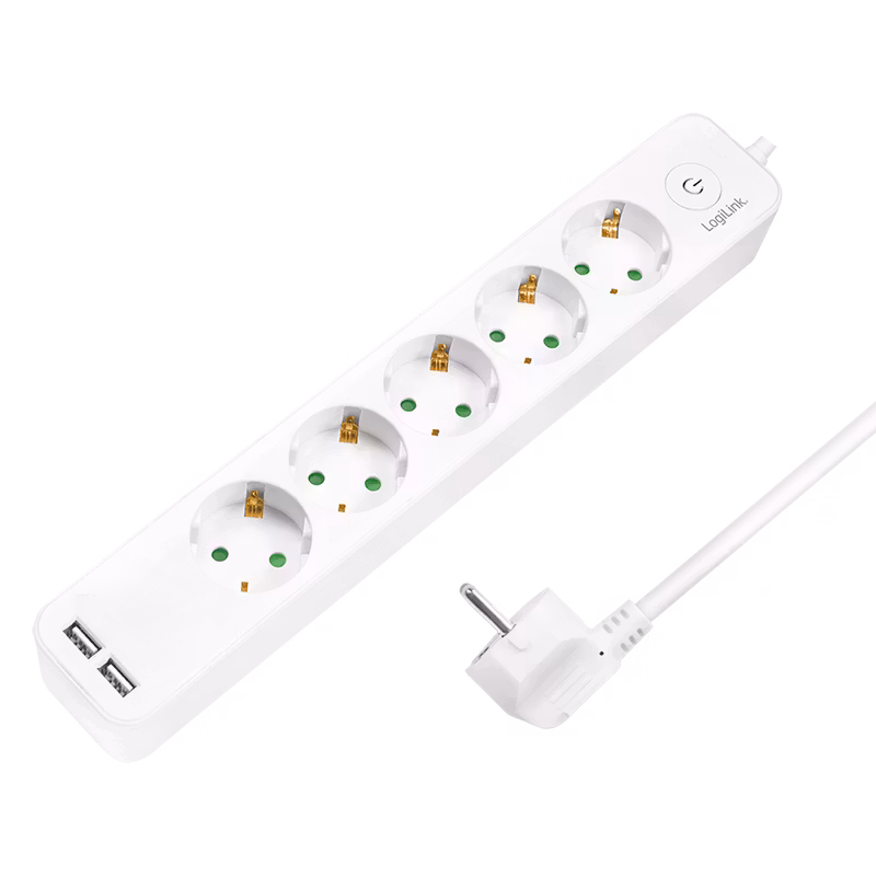 Logilink Strømforgrener 5x uttak og 2x USB 1,5m