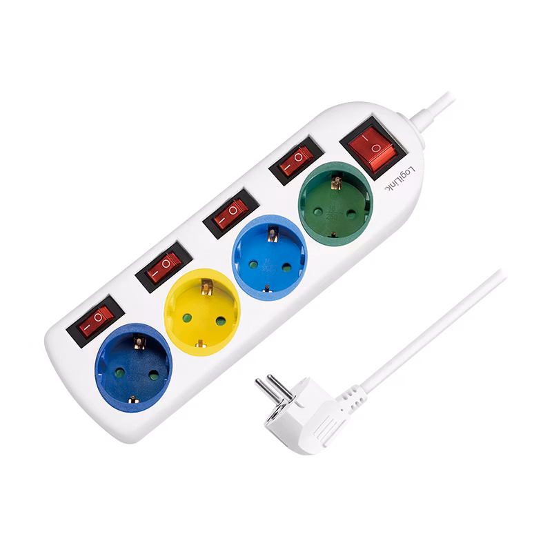 Grenuttak 4-veis med 5 brytere, 4x CEE 7/3 – flerfarget, 1,5m