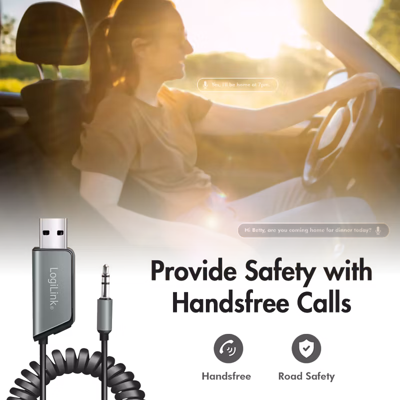 LOGILINK Bluetooth 5.3 lydmottaker for kjøretøy, 1x USB-A, 1x 3,5 mm Aux, svart