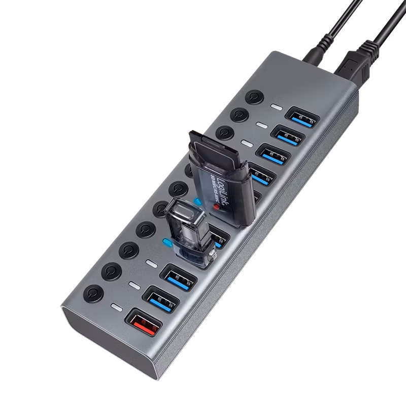 Logilink USB 3.2 Gen1-hub, 10 porter + 1x hurtigladeport, av/på-bryter
