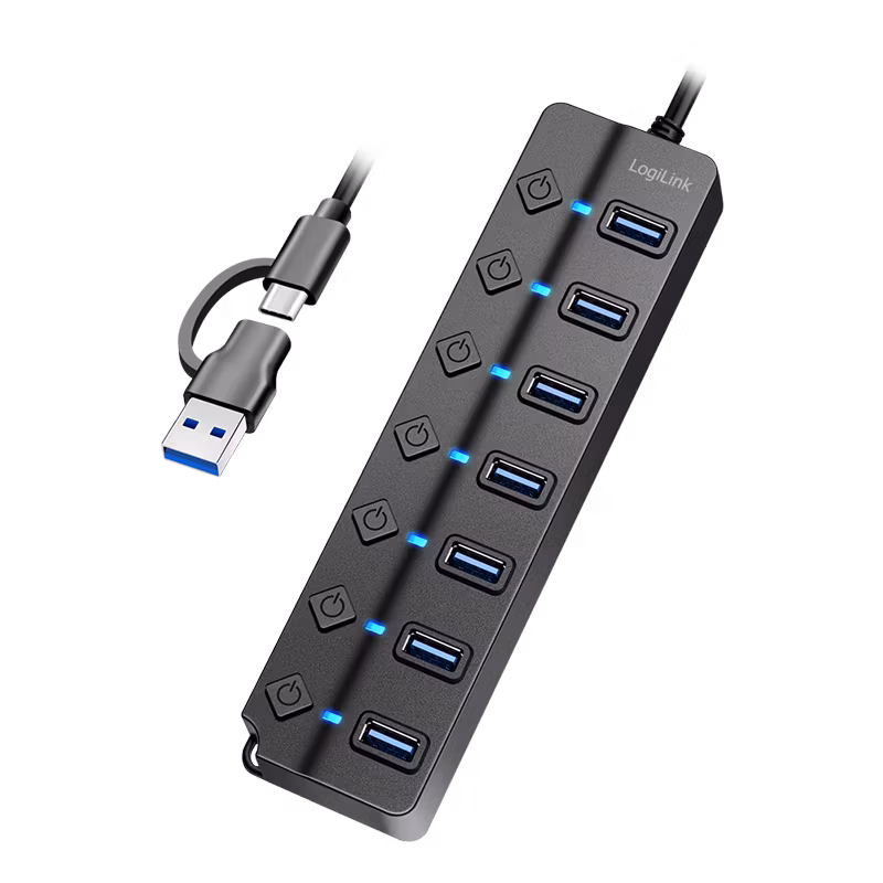 LOGILINK USB 3.2 Gen1 Hub, 7 porter, på/av-bryter, svart