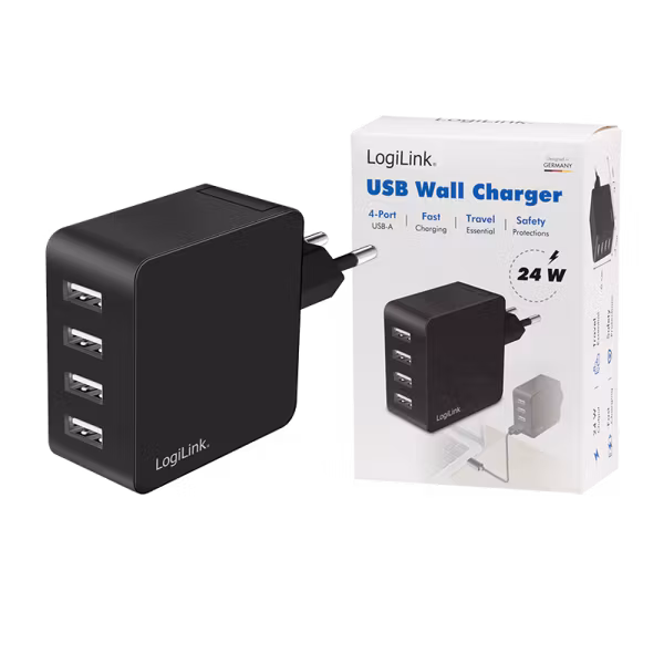 USB Vegglader 4x USB-A, 24W, svart