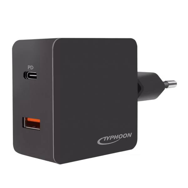 Dobbel USB-ladeadapter, 18 W, 1x USB-C (PD) & 1x USB-A (QC), svart