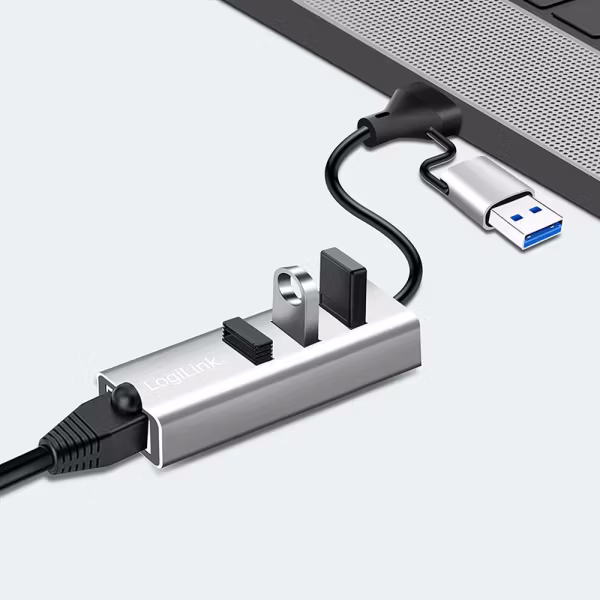 USB 3.2 Gen 1 hub, 3x USB-A, 1x RJ45, 2-in-1 connection cable, silver
