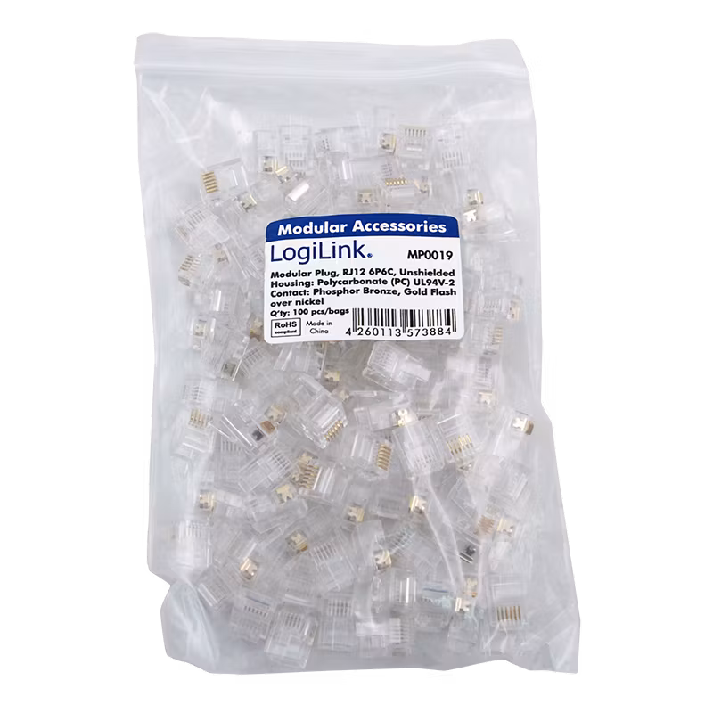 RJ12 modulærplugg 6P6C, uskjermet, 100 stk.
