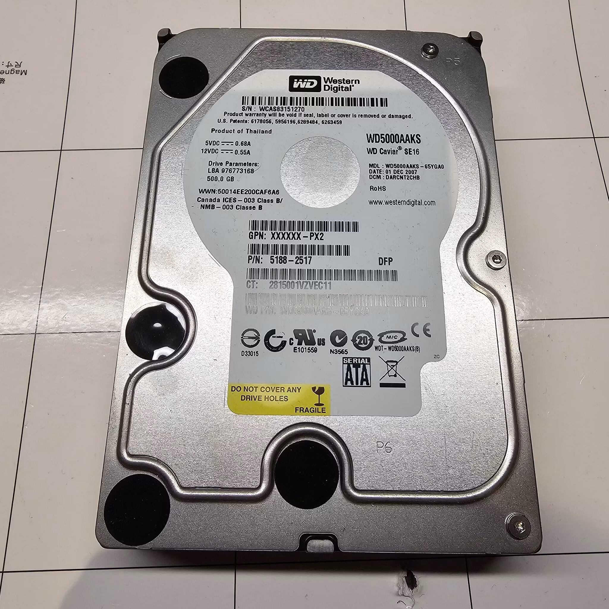 WD 500GB SATA 3,5" WD5000AAKS