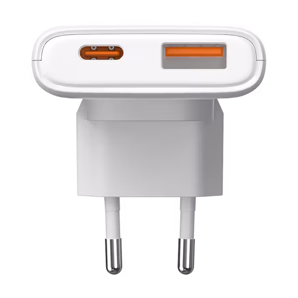 Dual USB GaN reiselader, 65W, ekstra slank, USB-C PD + USB-A QC, hvit