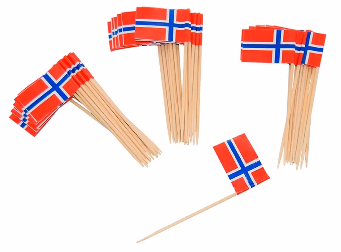 Kakepynt norsk flagg trepinne, 50 stk