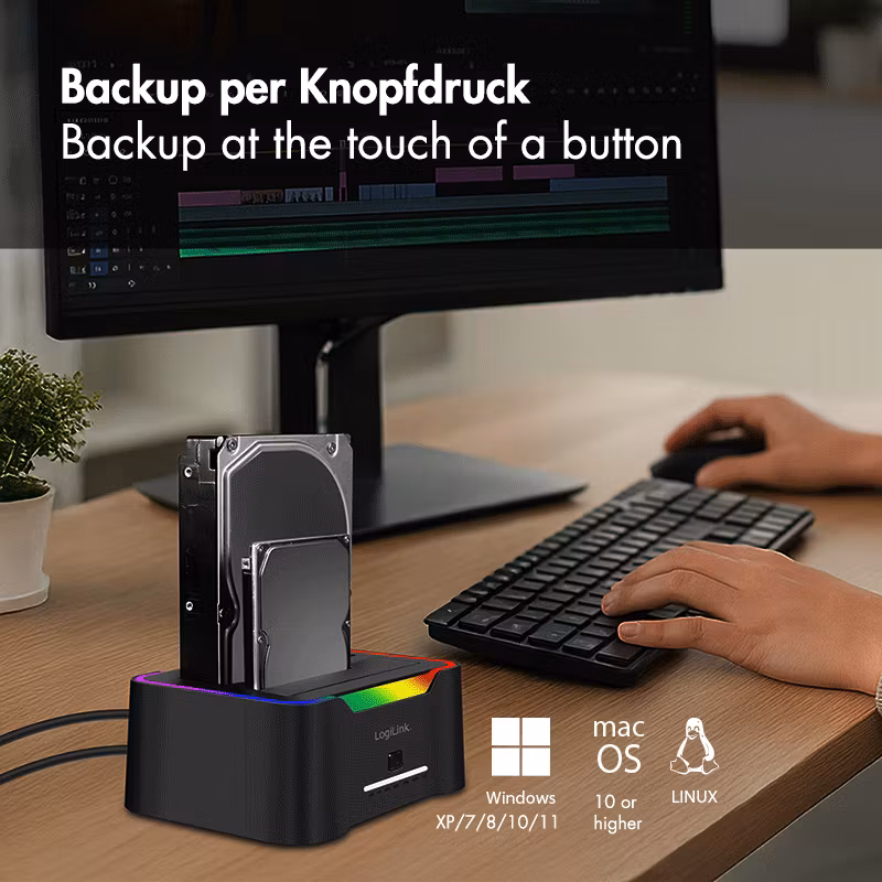 Dual docking station, 2 ports, USB-C 3.2 Gen 1, 2.5" and 3.5", offline clone, black