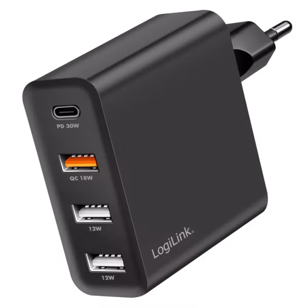 USB-A/C charger, 48 W, GaN, 4-port, 3x USB-A (QC), 1x USB-C (PD), Black