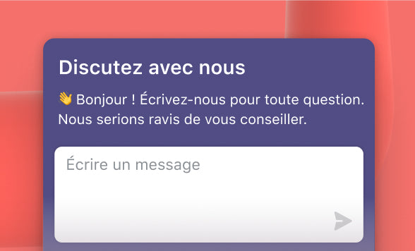 Une fenêtre de chat violette invitant un utilisateur à poser des questions et à obtenir des recommandations de produits.