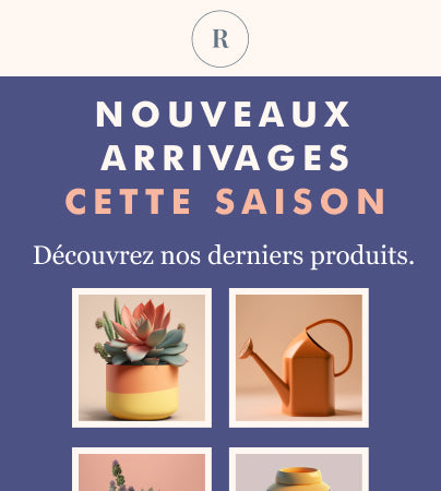 Modèle d’e-mail avec le texte Nouveaux arrivages de la saison et des photos de produits de jardinage, notamment un arrosoir et une plante en pot.