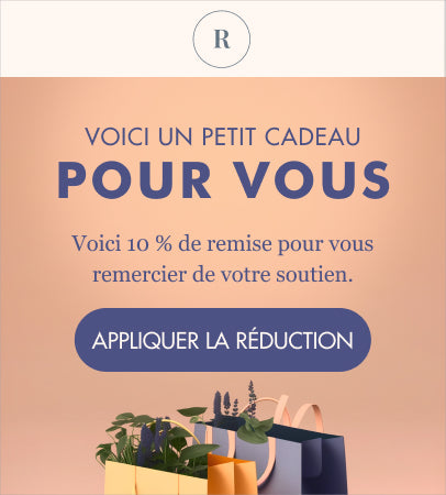 Modèle d’e-mail avec le texte Voici un petit cadeau pour vous et des informations sur une offre de réduction de 10 %. Un bouton Appliquer la réduction figure également au-dessus d’une photo de sacs de course remplis d’articles de jardinage.