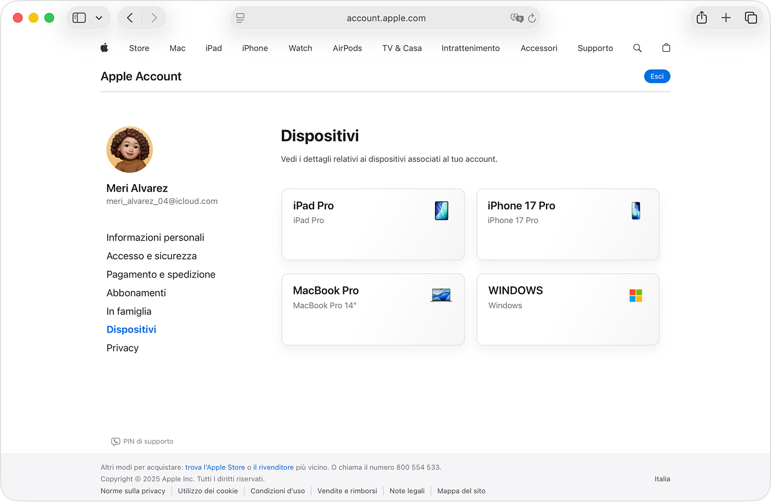 Sito web dell'Apple Account che mostra i dispositivi associati a un account