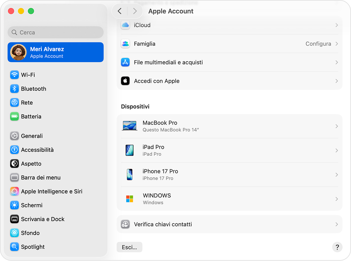 Impostazioni di Sistema sul Mac che mostra un elenco di dispositivi