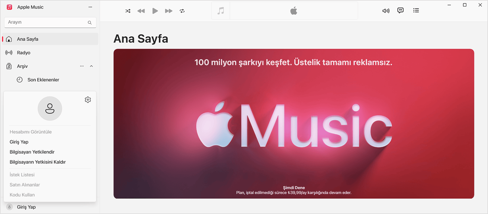 Windows için Apple Music uygulamasına Apple Hesabınızla giriş yapma