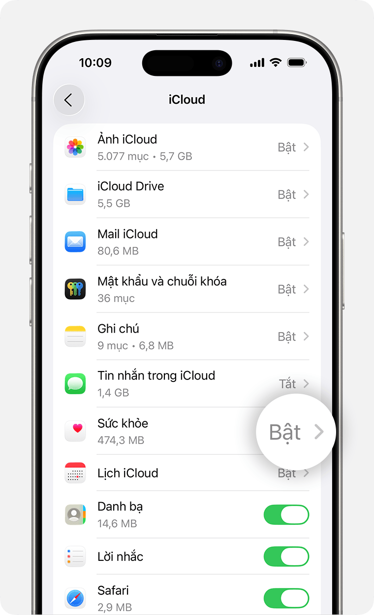 Màn hình iPhone hiển thị Cài đặt iCloud