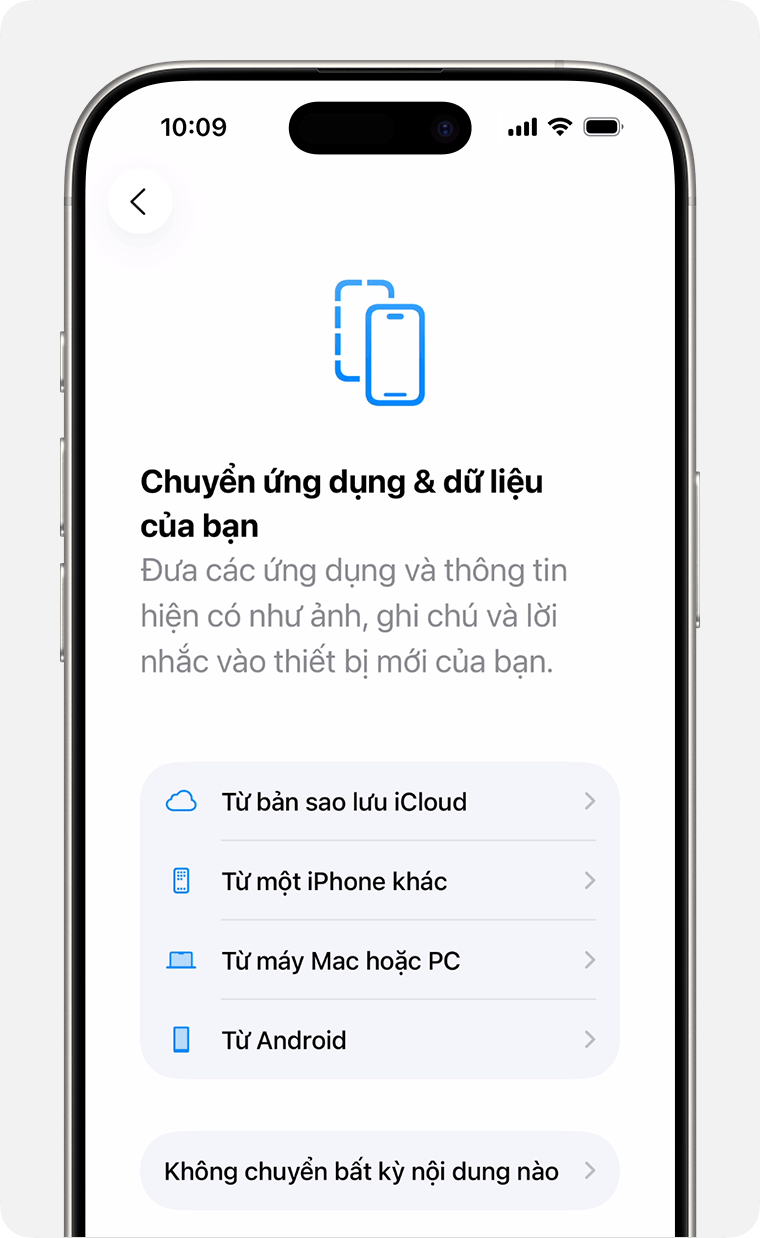 Màn hình iPhone hiển thị tùy chọn chuyển ứng dụng và dữ liệu