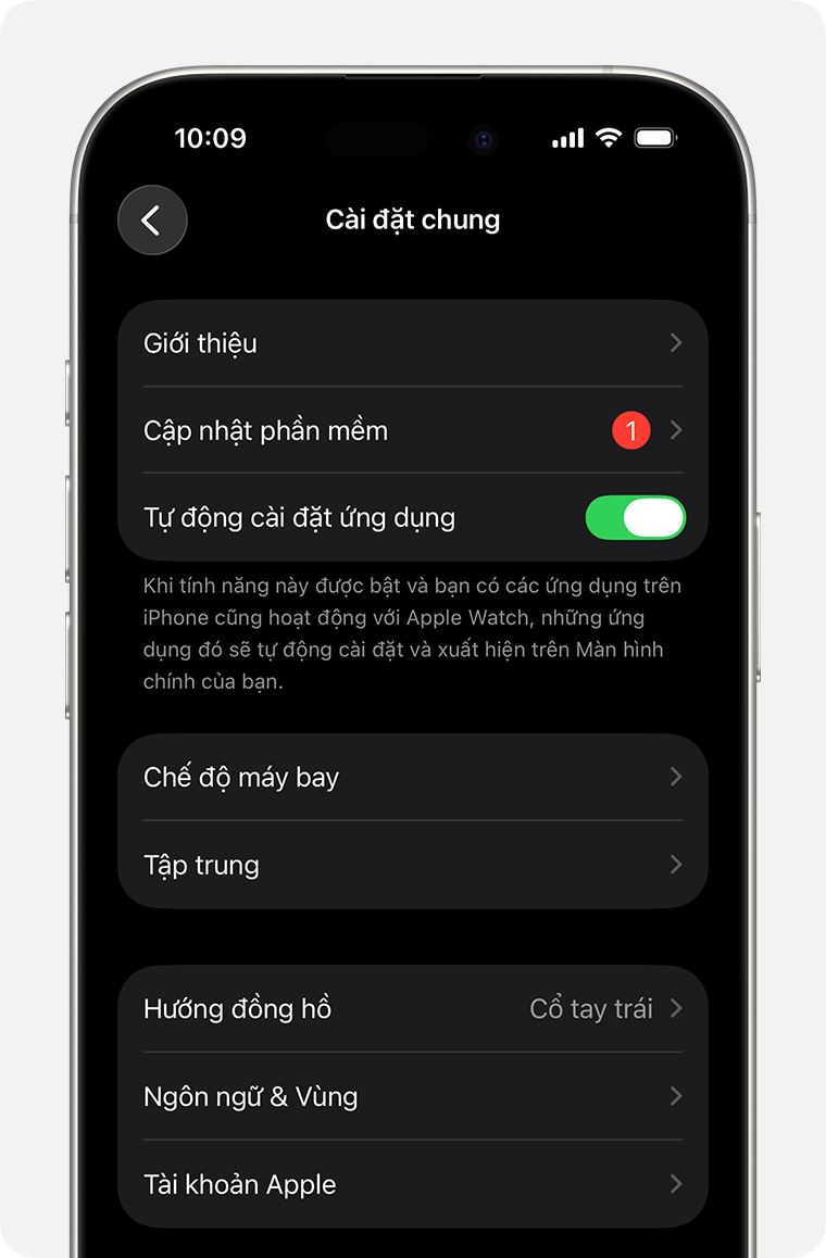 Màn hình iPhone hiển thị phần Cài đặt chung