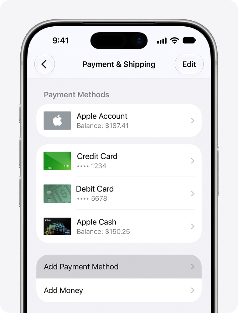 Una pantalla de iPhone en la que se muestra la configuración de Pago y envío de la cuenta de Apple. Para agregar un método de pago, toca Agregar método de pago.