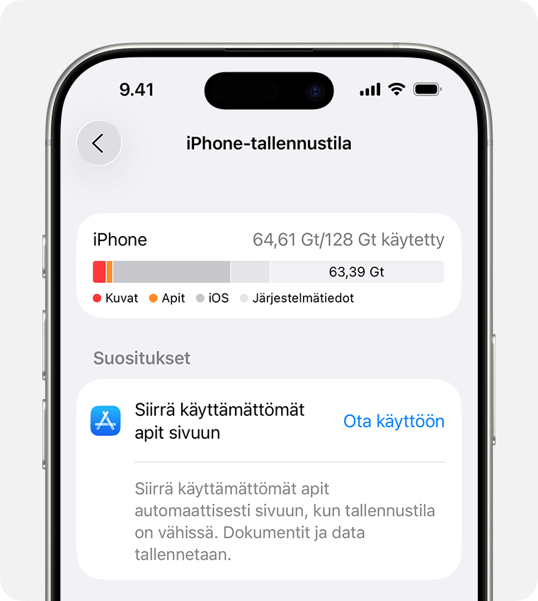 Siirrä käyttämättömät apit sivuun ‑suositus iPhonen tallennustila-asetuksissa.