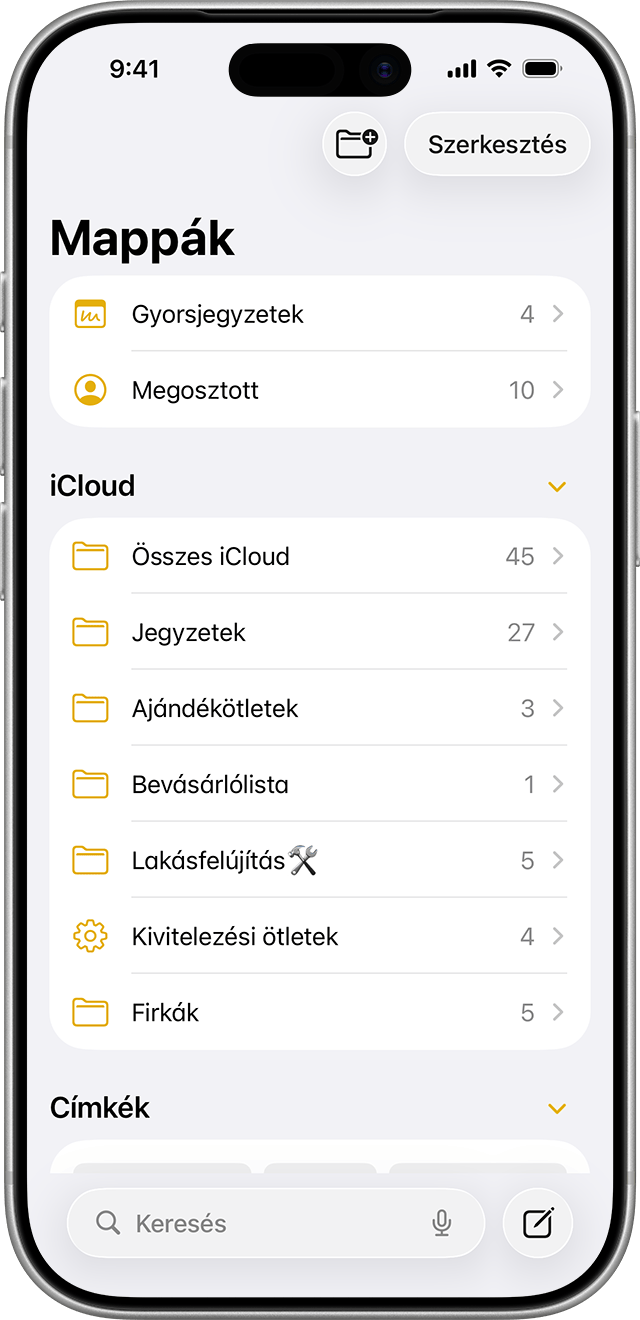 A Jegyzetek alkalmazásban egyszerre megtekintheti az összes címkét és mappát.