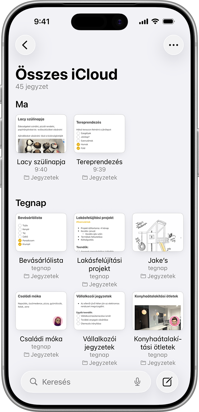 Az iOS 26 rendszeren futó Jegyzetek alkalmazásban lévő Galéria nézet.