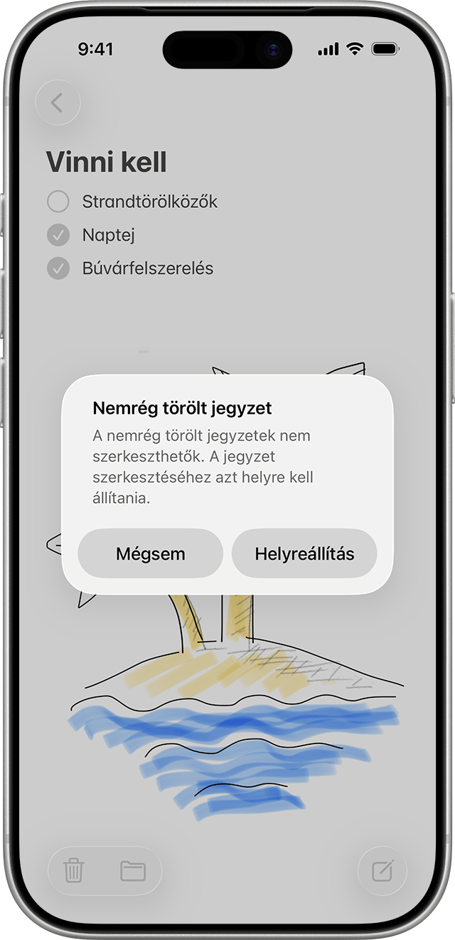 A Jegyzetek alkalmazás Mappák listájában megtekintheti a nemrég törölt jegyzeteket, és kiválaszthatja azokat, amelyeket szeretne helyreállítani.