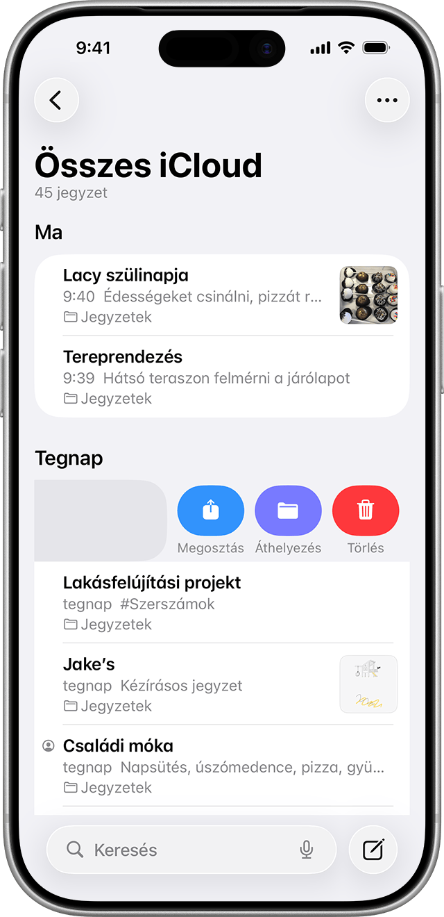 Ha törölni szeretne egy jegyzetet, húzza el balra a kívánt jegyzetet a Jegyzetek listában, majd koppintson a Kuka ikonra.