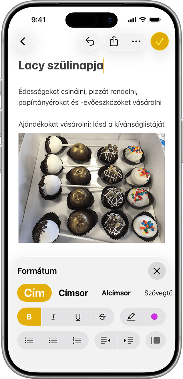 Az iOS 18 vagy újabb rendszeren futó Jegyzetek alkalmazásban jelölje ki a kívánt szöveget, majd koppintson a Formázás gombra az opciók megjelenítéséhez (például dőlt, címsor stílusa stb.).