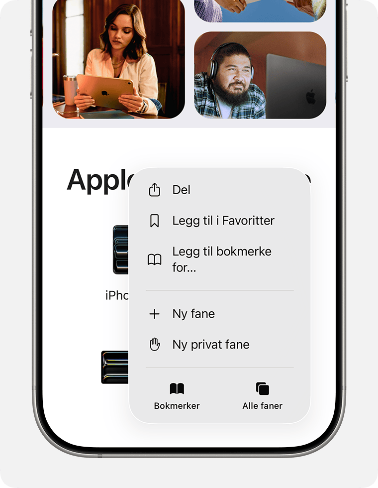 iPhone-skjerm som viser Bokmerker-knappen i Safari.