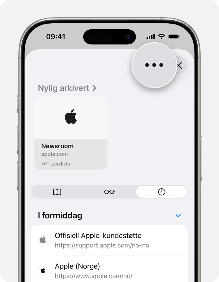 iPhone-skjerm som viser Mer-knappen forstørret i Safari.